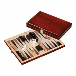 Backgammon Saloniki Mini 20x13x3cm - aus Pappelholz und Ahornholz, rotbraun gebeizt, - geeignet ab 6 Jahren