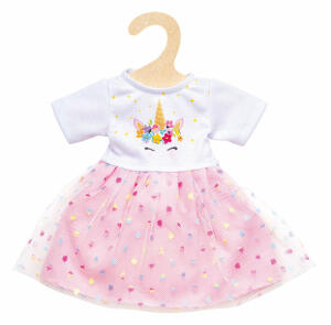 Einhornkleid Hannah 35 bis 45cm - Einhorndruck und kleine Blütenapplikationen - auf der Vorderseite des Oberteils, rosa Unterrock, - Oberrock aus Tüll mit bunten Punkten, Heless