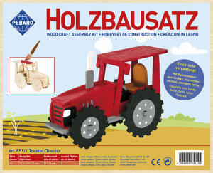 Holzbausatz Traktor 15,5x7x11cm - vorgestanzte Bauteile, zum Stecken, 18 Einzelteile, - bestehend aus 2 Sperrholzplatten 19x24cm in Verpackung, - frei bemalbar, Farben nicht enthalten, - aus Lindenholz, ab 6 Jahren, Pebaro