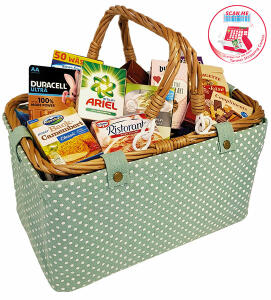 Kaufladen Einkaufskorb mint 26x16x14cm gefüllt - mit Miniaturartikeln sortiert, aus Baumwolle und Polyester, - mit Tragegriff aus Weide, - zusammklappbar durch 2 Aufstellstäbe, ab 3 Jahren, Tanner