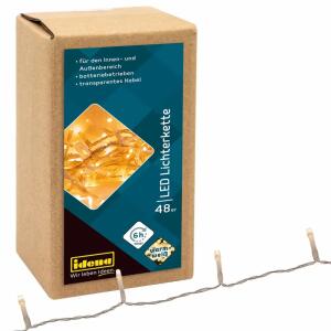 Idena LED Lichterkette 48er warmweiss,6h Timer - batteriebetrieben für 3x AA Batterien, - nicht enthalten, Timer 6h an, 18h aus, - transparentes Kabel, Zuleitung 50cm, - Gesamtlänge ca.395cm, Lampenabstand 7,5cm