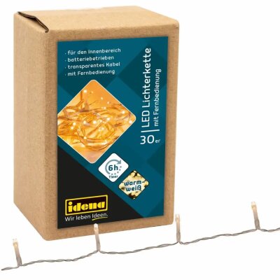 Idena LED Lichterkette 30 LED,Fernbed., 6h Timer - mit Fernbedienung, warmweiß, - 3xAA Batterien erforderlich, nicht enthalten
