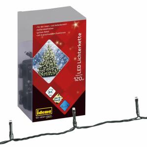 Idena LED Lichterkette 120er warmweiss,6h Timer - für 3xAA Batterien, nicht enthalten - für innen und außen, günes Kabel - Zuleitung 1m, Lampenabstand 7cm - 8 Lichtfunktionen