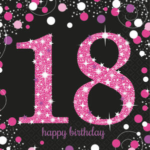 Servietten 16er 33x33cm Sparkling Celebration 18 - schwarz pink Amscan