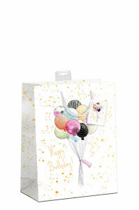 Geschenktasche Ballons Medium 18x23x10cm - Happy Birthday Schriftzug mit Goldfolie auf 210g Karton