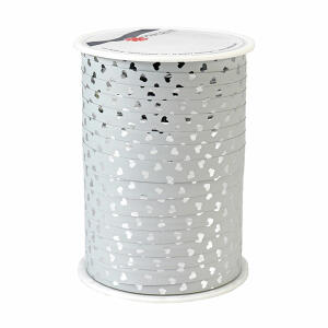 Ringelband metallic Cherie silber 100m x 10mm - mit Herzen, Präsent