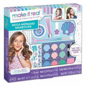 Make it real Schminkset Meerjungfrau - Beauty Collection, 1 Bogen Klebetattoos, 1 Nagelpolitur, - 1 Lipgloss, 1 Haarkreide, 1 Nagelfeile, 9 Lidschattenfarben, - 1 Lidschattenpinsel in Muschelform, Nagelsticker, - 2 Mini Kosmetikbürsten, ab 8 Jahren, Carle