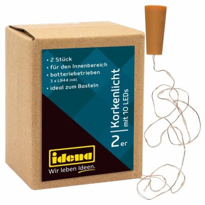 Idena Korken-Lichterkette 2er Set,10 LED, warmweiß - 10cm Abstand, inklusive 3xLR44 Batterien - Zuleitung 7cm, Gesamtlänge ca. 90cm