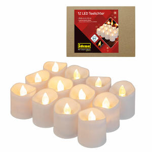 LED Teelichter 12er Box Idena Flackereff. Ø4x4cm - 6 Stunden Timer, inklusive Lithium-Batterien 12x CR 2032