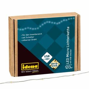 Micro Lichterkette 120LED,USB warmweiß Schalter, Silberdraht, 13,40m