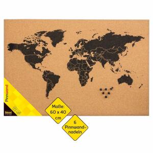 Idena Pinnwand Weltkarte +6 Nadeln, 60x40cm, Kork - Kork Pinnwand im World Map Design mit 6 St. Pinnwandnadeln