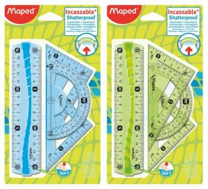 Zeichenset Maped Mini 4-teilig - 1 Lineal 15cm, 1 Zeichendreieck 60°/12cm, - 1 Zeichendreick 45°/12cm, 1 Winkelmesser180°/10cm, - unzerbrechlich