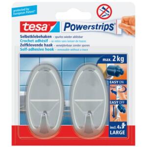 tesa Powerstrips Systemhaken - ablösbar, oval, chrom, Tragfähigkeit 2 kg