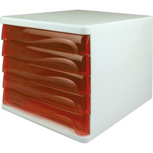 Schubladenbox, 5 Schübe weiß/rottransparent