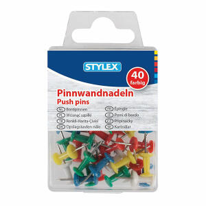 Pinnwandnadeln 40 Stück farbig in Box Stylex - 5 Farben: gelb, rot, blau, grün, weiß in Kunststoffbox