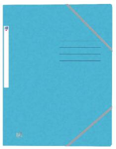 Oxford Eckspannmappe TOP FILE+, A4, aus 390 g/m² Karton, mit aufgedrucktem Beschriftungsfeld und aufgeklebtem Rückenschild, flache Eckspannergummis zu schließen von hinten nach vorne, 3 Einschlagklappen, hellblau