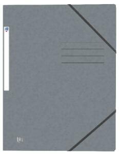 Oxford Eckspannmappe TOP FILE+, A4, aus 390 g/m² Karton, mit aufgedrucktem Beschriftungsfeld und aufgeklebtem Rückenschild, flache Eckspannergummis zu schließen von hinten nach vorne, 3 Einschlagklappen, grau
