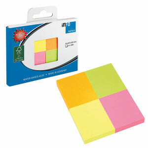 Haftnotizen Box FSC-Mix 50x40mm 4x100 Blatt - Brillantmix, 4 Blöcke auf Pappkarte angeordnet, 100 Blatt - pro Block, 4 Farben: gelb, grün, orange, pink, - in umweltfreundlicher Kartonverpackung, AMC