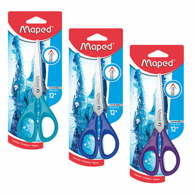 Schere 16cm im Blister Essentials sortiert - blau, lila, türkis, spitze Klingen aus rostfreiem Stahl, - 2D geformte Griffringe, Helit
