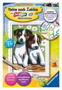 Malen nach Zahlen Bild 85x120mm Süße Welpen - Ravensburger Bild mit Rahmen Serie F 6 Acrylfarben - ab 7 Jahren