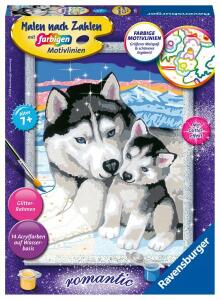 Malen nach Zahlen Bild 180x240mm Husky Kuss - Ravensburger Bild mit Rahmen Classic Serie Romantic - 14 Acrylfarben - ab 7 Jahren