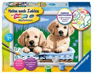 Malen nach Zahlen Bild 180x130mm Hunde - Süße Hundewelpen Ravensburger Bild mit Rahmen - Classic Serie E 6 Acrylfarben - ab 7 Jahren