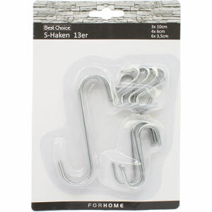Haken S Form 13 Stück 3 Größen Stahl verchromt - 3x10cm, 4x6cm und 6x3,5cm