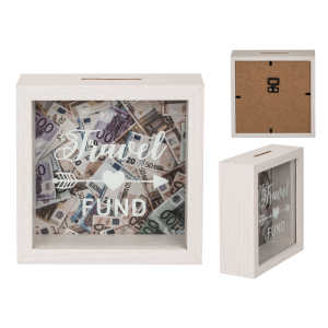 OOTB Weiße Holz-Spardose Travel Fund ca. 15 x 15 cm