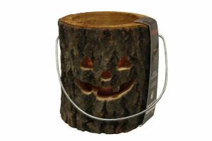 Windlicht aus Holz 12cm Motiv Halloween mit Kerze - in Baumstammoptik mit Henkel, Glas 68x87mm, Kerze 43x48mm, - House Of Rustic
