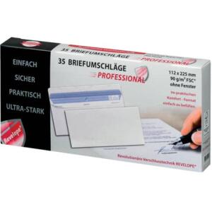 Professional Briefumschlag Revelope - 112 x 225 mm, o. Fenster, weiß,  90 g/qm, Innendruck, Revelope-Klebung, 35 Stück