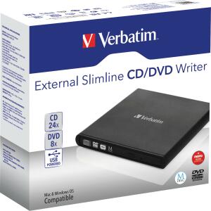 VERBATIM Externer Slimline CD/DVD-Brenner, mobiles externes Laufwerk, schnelle Datensicherung, mit Nero Burn & Archive - schwarz