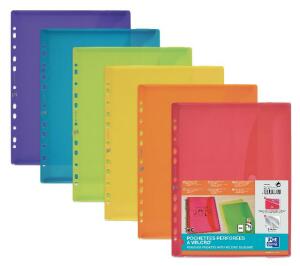 Oxford Brieftaschen, DIN A4, abgerundete Ecken, Klettverschluss, zum Abheften mit Eurolochung, Packung mit 6 Taschen, PP, transluzent, sortiert  blau, rot, grün, orange, gelb, lila