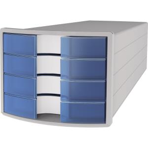HAN Schubladenbox IMPULS - A4/C4, 4 geschlossene Schubladen, lichtgrau/transluzent-blau