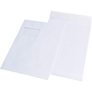 MAILmedia Faltentaschen - C4, Fenster, 20 mm-Falte, Klotzboden, haftklebend, 120 g/qm, weiß, 100 Stück
