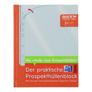 OXFORD Prospekthüllenblock Economy Quick´In A4, PP, 0,05mm, glasklar, blendfrei, dokumentenecht, oben offen (extra weit), 60 Stück