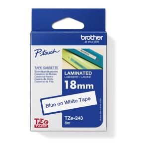 Schriftband 18mmx8m weiß/blau BROTHER TZE243 laminiert