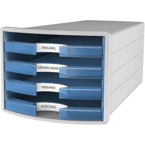 HAN Schubladenbox IMPULS - A4/C4, 4 offene Schubladen, lichtgrau/transluzent-blau