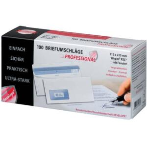 Revelope Briefumschlag Revelope - 112 x 225 mm, m. Fenster, weiß,  90 g/qm, Innendruck, Revelope-Klebung, 100 Stück