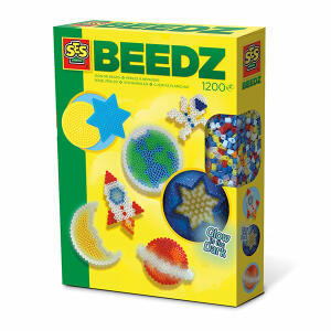 SES DEUTSCHLAND  SES Bügelperlen Set Glow  in the Dark Universum, 1200 Bügelperlen (inklusive Perlen, die im Dunkeln leuchten), kleine runde Stecktafel, kleine sternförmige Stecktafel,, Bügelpapier, Anleitung, ab 5 Jahren