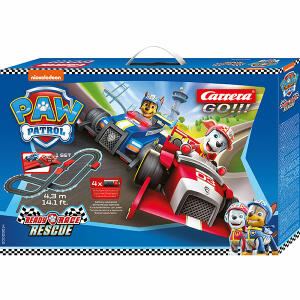 STADLBAUER MARK  Carrera Go!!! Paw Patrol  Rennbahn 4,3m Starterset, Inhalt: 1x Rennauto Chase blau, 1x Rennauto Marshall rot,, 7x Streckenteile gerade 342 mm, 6x Kurven 90 Grad,, 2x Streckenteile gerade 114 mm, 1x Sprungschanze,, 1x Anschlussschiene mit