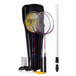 BEST Sport&Frei  Best Badminton Garnitur  4er 15teilig, Inhalt: 4 Schläger Länge: 65,5 cm, Breite 20,5 cm Farbe:, rot/silber und blau/silber, 3 Federbälle weiss,, 1 Badmintonnetz, Maße: 60 cm x 6,5 m, 2 Befestigungstangen,, schwarz/weiss, Ø 20mm, bis 172