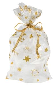 Bodenbeutel PP 10er 18x30cm goldene Sterne, transparent mit Golddruck