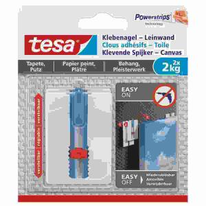 TESA AG  Powerstrips Klebenagel  2x2kg für Tapete und Putz, verstellbar, hält Objekte bis 2 kg pro Nagel, ideal für, Keilrahmen oder Leinwand, kein Werkzeug notwendig,, wiederablösbar, wiederverwendbar mit neuem Klebestreifen, Tesa