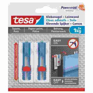 TESA AG  Powerstrips Klebenagel  2x1kg für Tapete und Putz, verstellbar, hält Objekte bis 1 kg pro Nagel, ideal für, Keilrahmen oder Leinwand, kein Werkzeug notwendig,, wiederablösbar, wiederverwendbar mit neuem Klebestreifen, Tesa