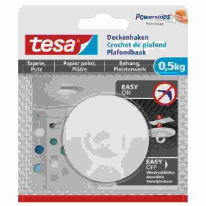 TESA AG  Powerstrips Deckenhaken  0,5kg Blister, für empfindliche und strukturierte Untergründe, kein Bohren, und Werkzeug notwendig, wiederablösbar, wiederverwendbar, mit neuem Klebestreifen, Tesa