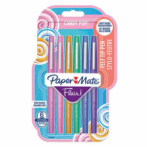 NWL GERMANY  Faserschreiber 6er  Flair Candy Pop, Strichstärke M, Kappe mit Clip,, schnell trocknende Tinte auf Wasserbasis, Paper Mate