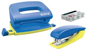 LEITZ ACCO Set Locher und Heftgerät Urban Chic blau gelb 3teilig bestehend aus je einem Locher 5058 Heftgerät 5517 und einer Schachtel Heftklammern 5577 in Blisterverpackung