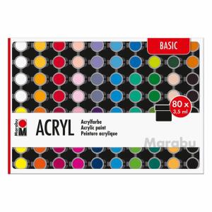 MARABU  Acrylfarben Set 80x 3,5ml  Basic, Inhalt: 4x titanweiß, 4x zitronengelb, 2x azogelb mittel,, 2x mandarine, 2x brillantorange, 2x rotorange,, 4x scharlachrot, 2x orientrot, 2x burgunder,, 2x puder, 2x rosa, 2x rosenquarz, 2x magenta, 2x flieder,, 2