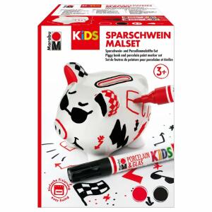 MARABU  Porcelain und Glaspainter  Kids Sparschwein Malset, 1x Sparschwein weiß 11x8x9cm,, 2x Porcelain und Glas Painter rot und schwarz, Marabu