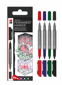 MARABU  Permanent Marker Graphix  4er Set Once Upon A Time, 4 farbige Stifte mit Doppelspitze,, 1-2mm Faserspitze und extrafeine 0,5mm metallgefasste, Kunststoffspitze, hochwertige, geruchsarme,, schnelltrocknende, alkoholbasierte Tinte,, wisch- und wasse
